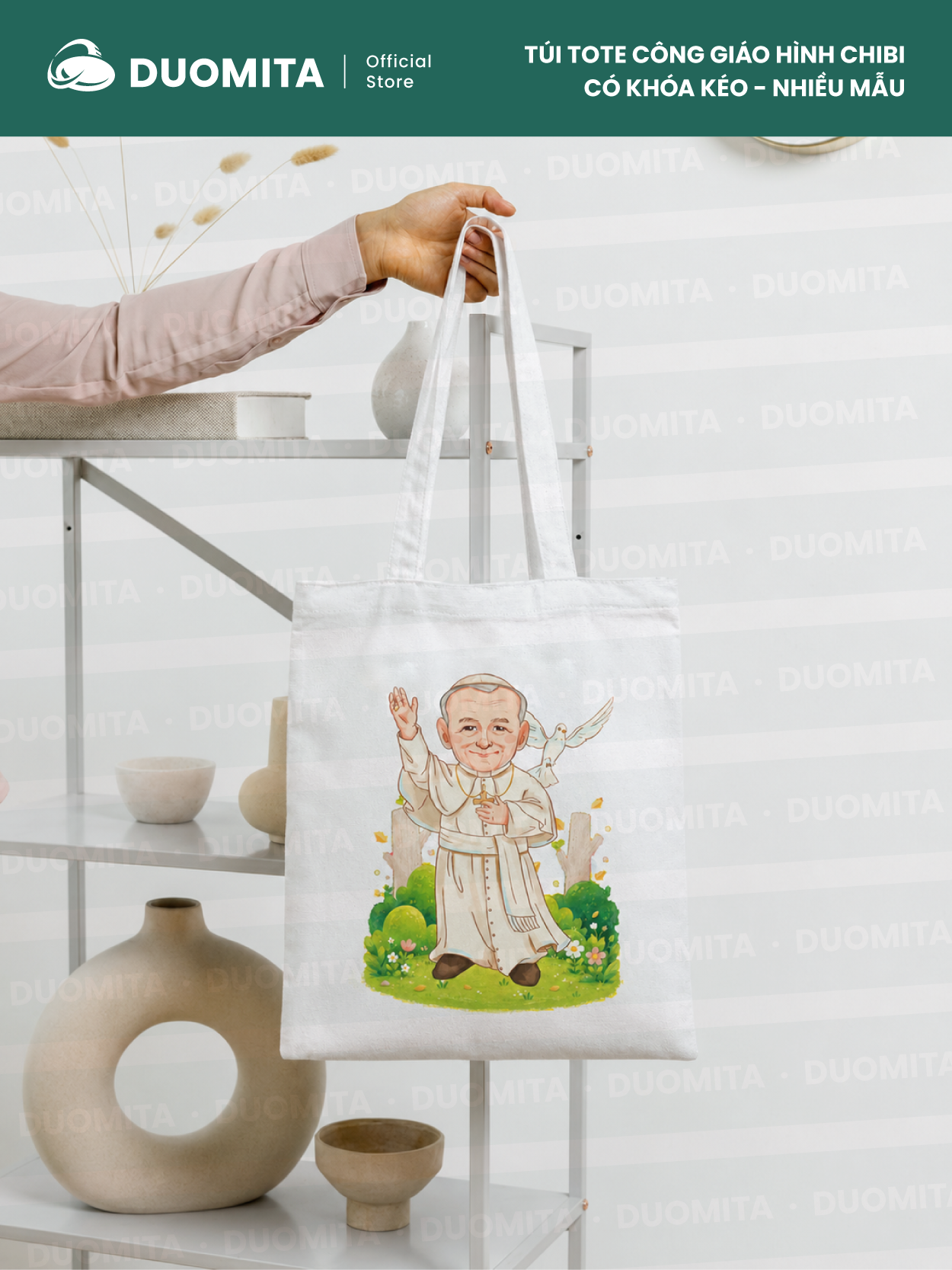 [ Nhiều mẫu ] - Túi tote canvas Công Giáo hình Chibi có khoá kéo